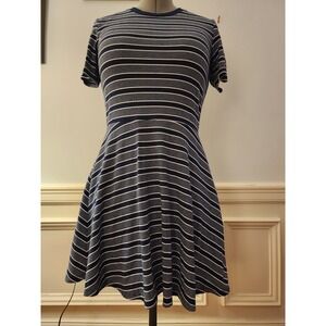 H&M Divided Skater Dress Navy Blue White Striped Ribbed Knit Size 10